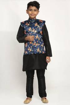 Boys Black and Navy Blue Silk Kurta with Churidar & Satin Printed Nehru jacket Set