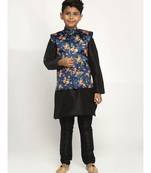 Boys Black and Navy Blue Silk Kurta with Churidar & Satin Printed Nehru jacket Set