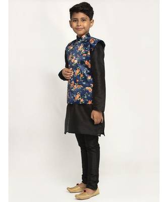 Boys Black and Navy Blue Silk Kurta with Churidar & Satin Printed Nehru jacket Set 2