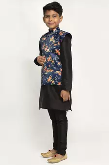 Boys Black and Navy Blue Silk Kurta with Churidar & Satin Printed Nehru jacket Set