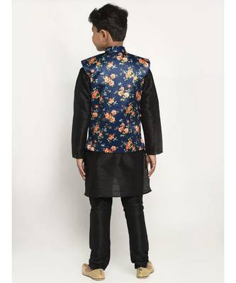 Boys Black and Navy Blue Silk Kurta with Churidar & Satin Printed Nehru jacket Set 3