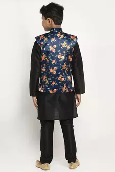 Boys Black and Navy Blue Silk Kurta with Churidar & Satin Printed Nehru jacket Set