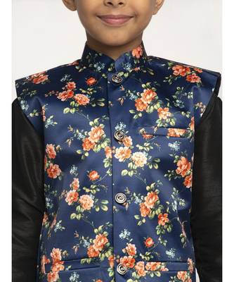 Boys Black and Navy Blue Silk Kurta with Churidar & Satin Printed Nehru jacket Set 4