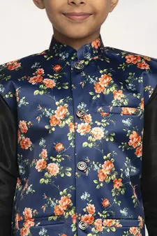 Boys Black and Navy Blue Silk Kurta with Churidar & Satin Printed Nehru jacket Set