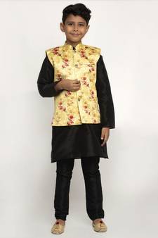 Boys Black and Yellow Silk Kurta with Churidar & Satin Printed Nehru jacket Set