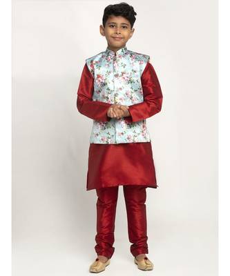 Boys Maroon and Sky Blue Silk Kurta with Churidar & Satin Printed Nehru jacket Set 1