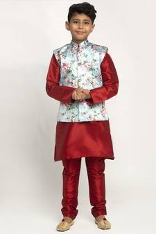 Boys Maroon and Sky Blue Silk Kurta with Churidar & Satin Printed Nehru jacket Set