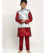 Boys Maroon and Sky Blue Silk Kurta with Churidar & Satin Printed Nehru jacket Set
