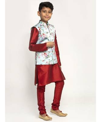 Boys Maroon and Sky Blue Silk Kurta with Churidar & Satin Printed Nehru jacket Set 2