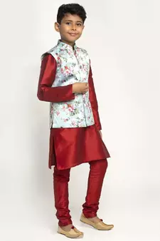 Boys Maroon and Sky Blue Silk Kurta with Churidar & Satin Printed Nehru jacket Set
