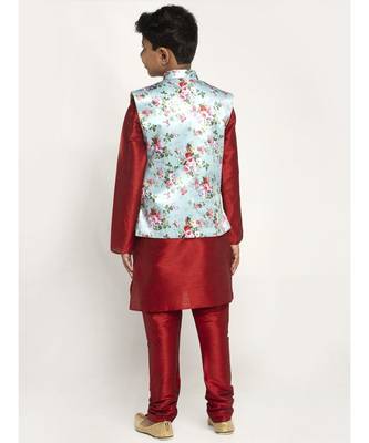 Boys Maroon and Sky Blue Silk Kurta with Churidar & Satin Printed Nehru jacket Set 3