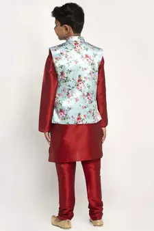 Boys Maroon and Sky Blue Silk Kurta with Churidar & Satin Printed Nehru jacket Set