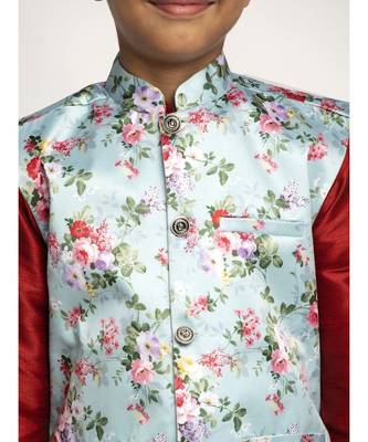 Boys Maroon and Sky Blue Silk Kurta with Churidar & Satin Printed Nehru jacket Set 4