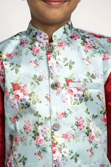 Boys Maroon and Sky Blue Silk Kurta with Churidar & Satin Printed Nehru jacket Set