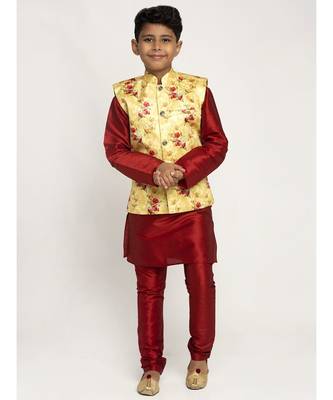 Boys Maroon and Yellow Silk Kurta with Churidar & Satin Printed Nehru jacket Set 1