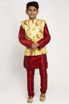 Boys Maroon and Yellow Silk Kurta with Churidar & Satin Printed Nehru jacket Set