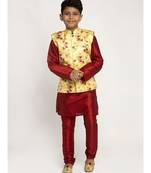 Boys Maroon and Yellow Silk Kurta with Churidar & Satin Printed Nehru jacket Set