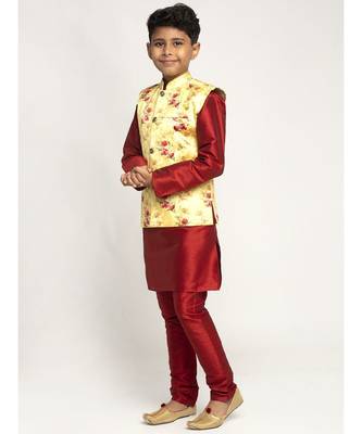 Boys Maroon and Yellow Silk Kurta with Churidar & Satin Printed Nehru jacket Set 2