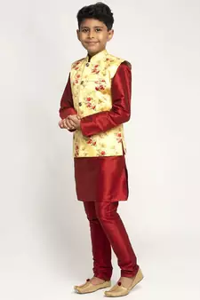 Boys Maroon and Yellow Silk Kurta with Churidar & Satin Printed Nehru jacket Set