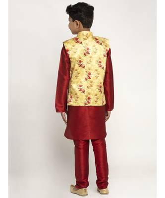 Boys Maroon and Yellow Silk Kurta with Churidar & Satin Printed Nehru jacket Set 3