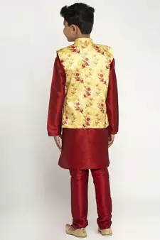 Boys Maroon and Yellow Silk Kurta with Churidar & Satin Printed Nehru jacket Set