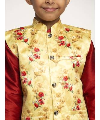 Boys Maroon and Yellow Silk Kurta with Churidar & Satin Printed Nehru jacket Set 4