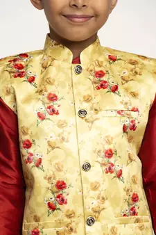 Boys Maroon and Yellow Silk Kurta with Churidar & Satin Printed Nehru jacket Set