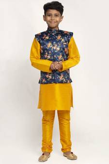 Boys Mustard and Navy Blue Silk Kurta with Churidar & Satin Printed Nehru jacket Set