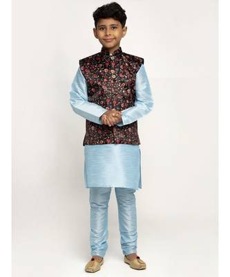 Boys Sky Blue and Black Silk Kurta with Churidar & Satin Printed Nehru jacket Set 1
