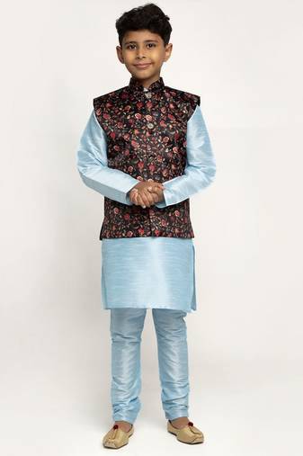 Boys Sky Blue and Black Silk Kurta with Churidar & Satin Printed Nehru jacket Set