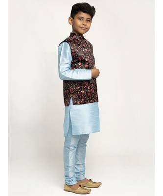 Boys Sky Blue and Black Silk Kurta with Churidar & Satin Printed Nehru jacket Set 2