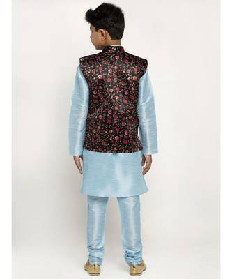 Boys Sky Blue and Black Silk Kurta with Churidar & Satin Printed Nehru jacket Set 3