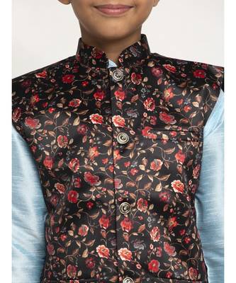 Boys Sky Blue and Black Silk Kurta with Churidar & Satin Printed Nehru jacket Set 4