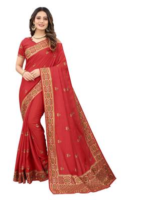 Red embroidered silk blend saree with blouse 1