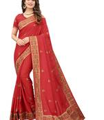 Red embroidered silk blend saree with blouse
