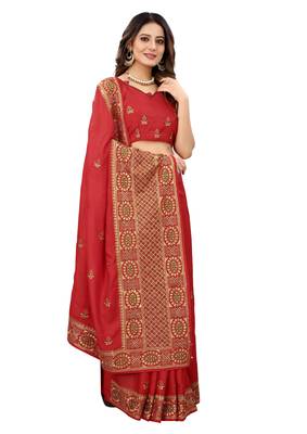 Red embroidered silk blend saree with blouse 3