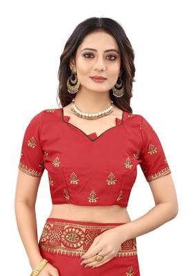 Red embroidered silk blend saree with blouse 5