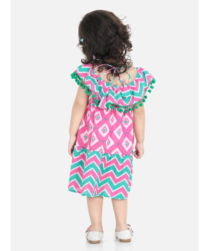 BownBee Printed Cotton Frock Dress for Girls-Pink