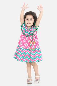 BownBee Printed Cotton Frock Dress for Girls-Pink