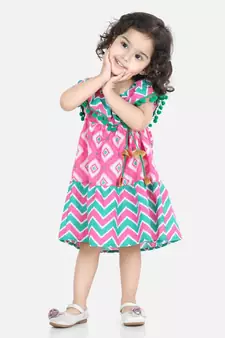 BownBee Printed Cotton Frock Dress for Girls-Pink