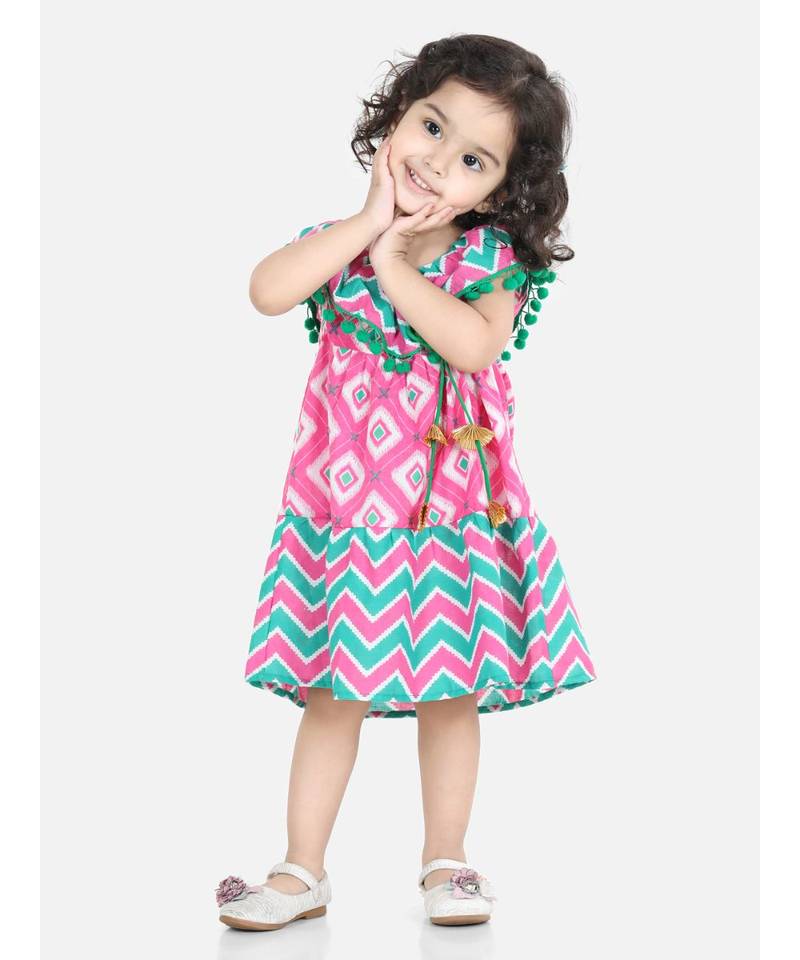 BownBee Printed Cotton Frock Dress for Girls-Pink