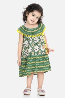 BownBee Printed Cotton Frock Dress for Girls-Green