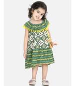 BownBee Printed Cotton Frock Dress for Girls-Green
