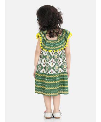BownBee Printed Cotton Frock Dress for Girls-Green 2