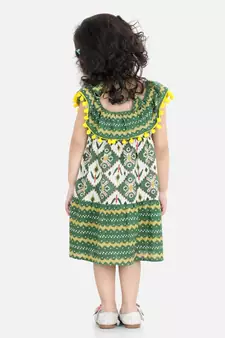 BownBee Printed Cotton Frock Dress for Girls-Green