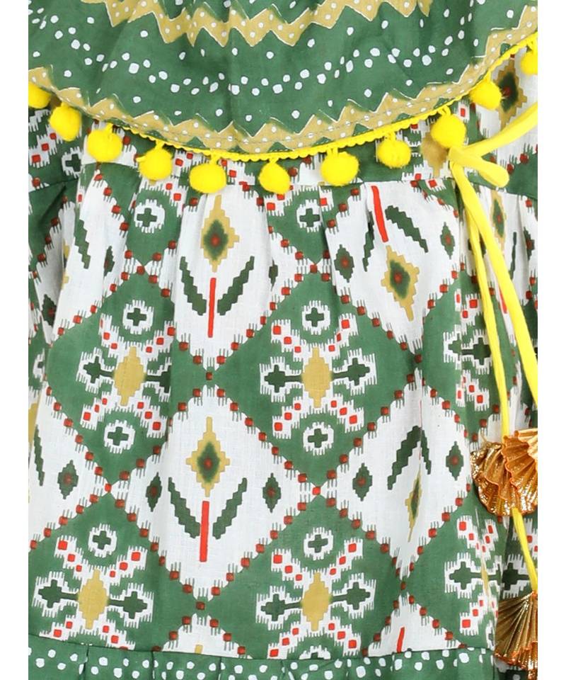 BownBee Printed Cotton Frock Dress for Girls-Green