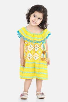 BownBee Printed Cotton Frock Dress for Girls-Yellow
