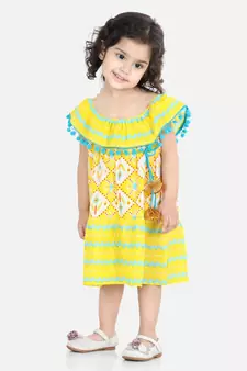 BownBee Printed Cotton Frock Dress for Girls-Yellow