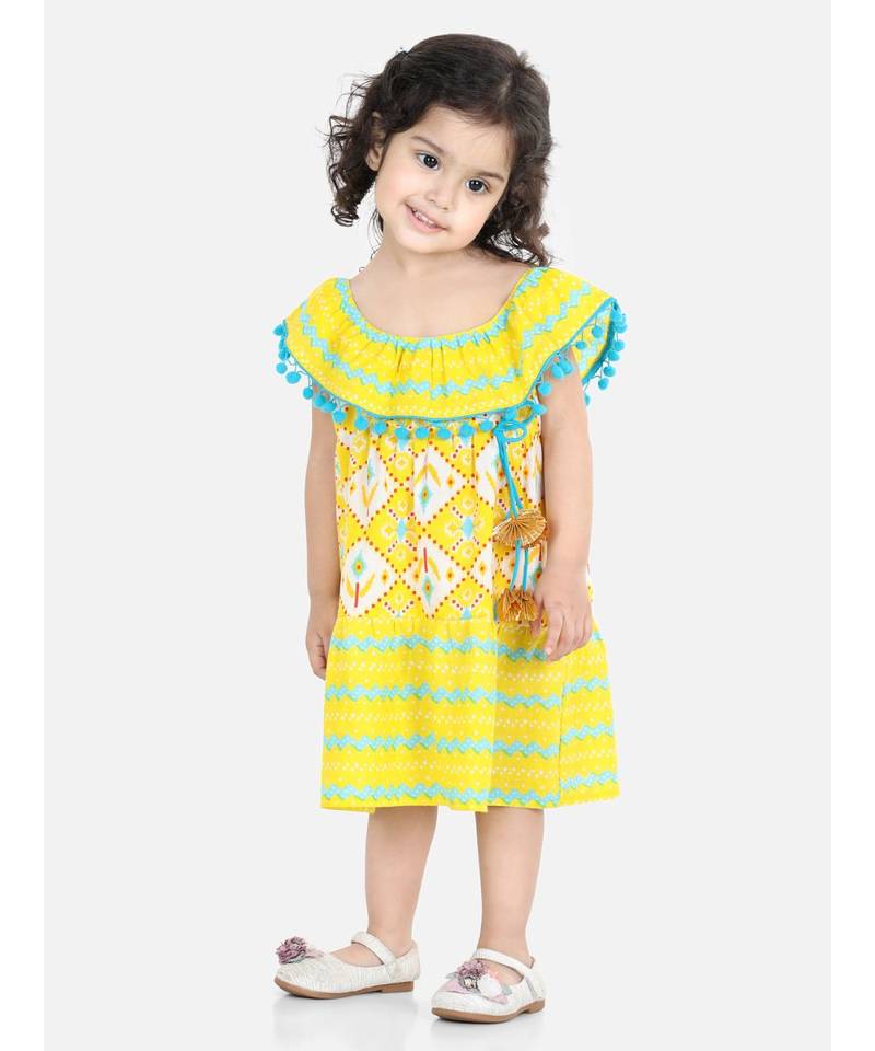 BownBee Printed Cotton Frock Dress for Girls-Yellow
