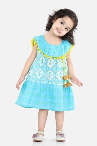 BownBee Printed Cotton Frock Dress for Girls-Blue